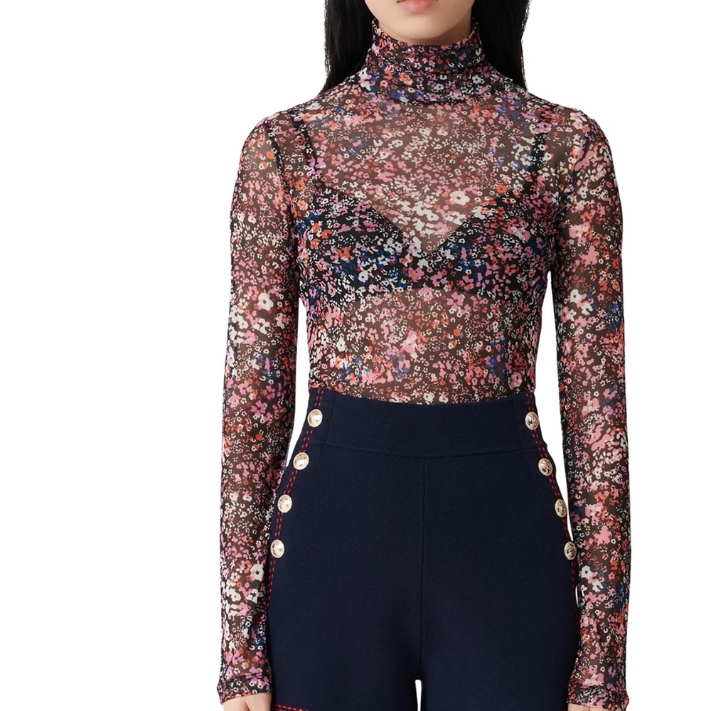 Maje Floral Mesh Long Sleeve Mock Neck Top EUC
